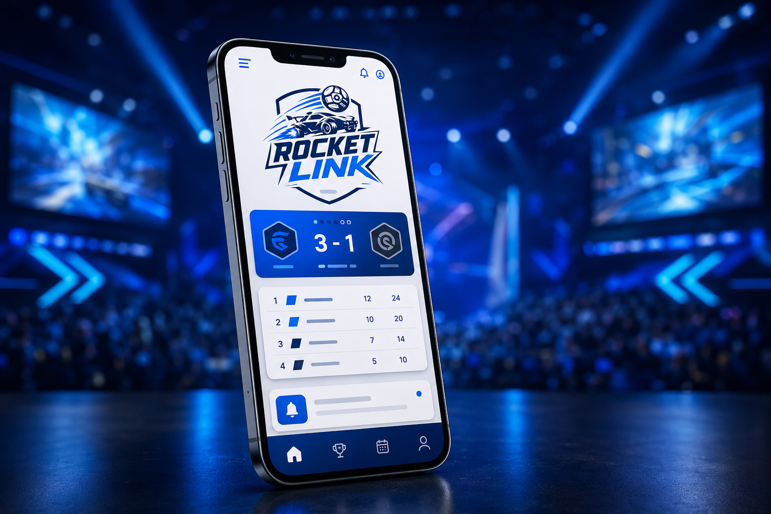 Application Rocket Link affichée sur un smartphone devant une scène esport